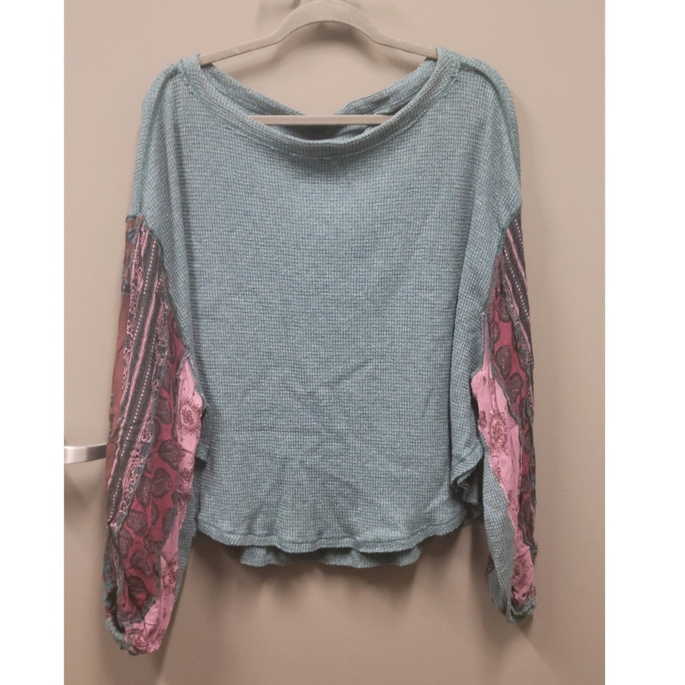 We The Free Free People Teal Waffle Knit Thermal Mixed Print Balloon Sleeve Top